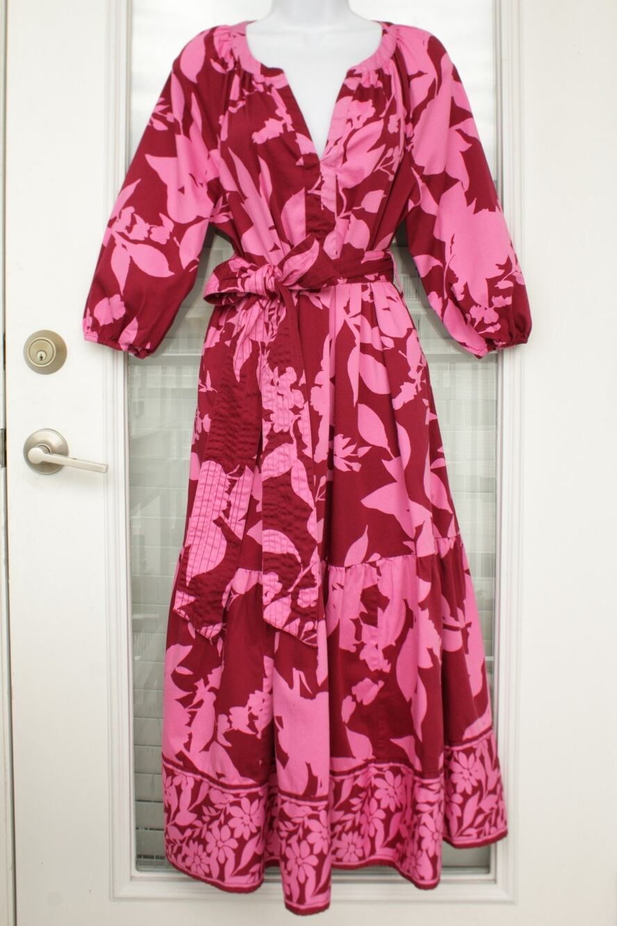 Crown & Ivy Pink Floral Balloon Sleeve Belted Maxi Dress Size PM Petite Medium